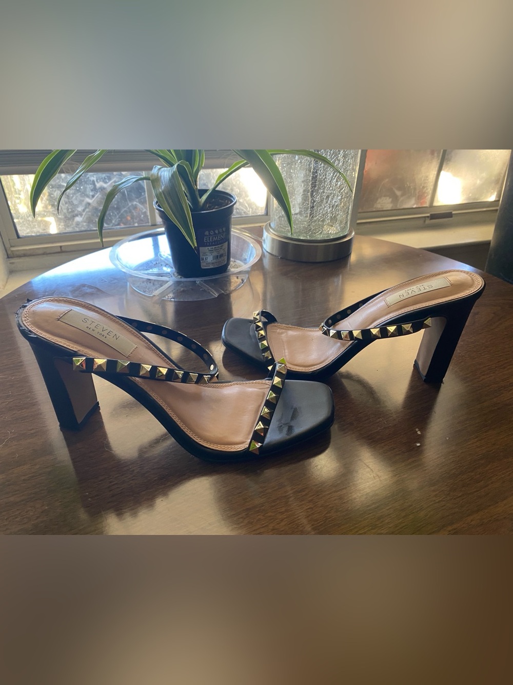 Steven New York Black Heeled Slide Sandals with Gold Studs